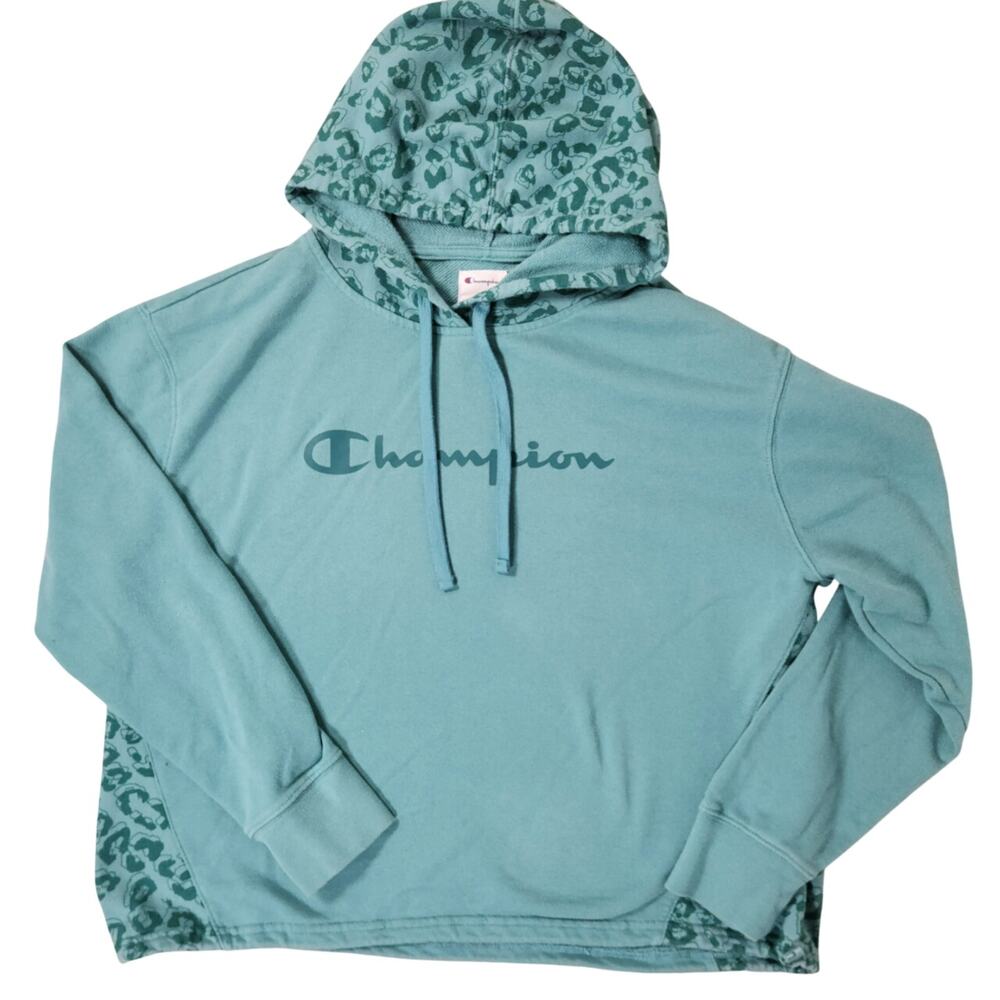 Champion Hoodie Womens Large Teal Green Cheetah Leopard Print Logo Pullover